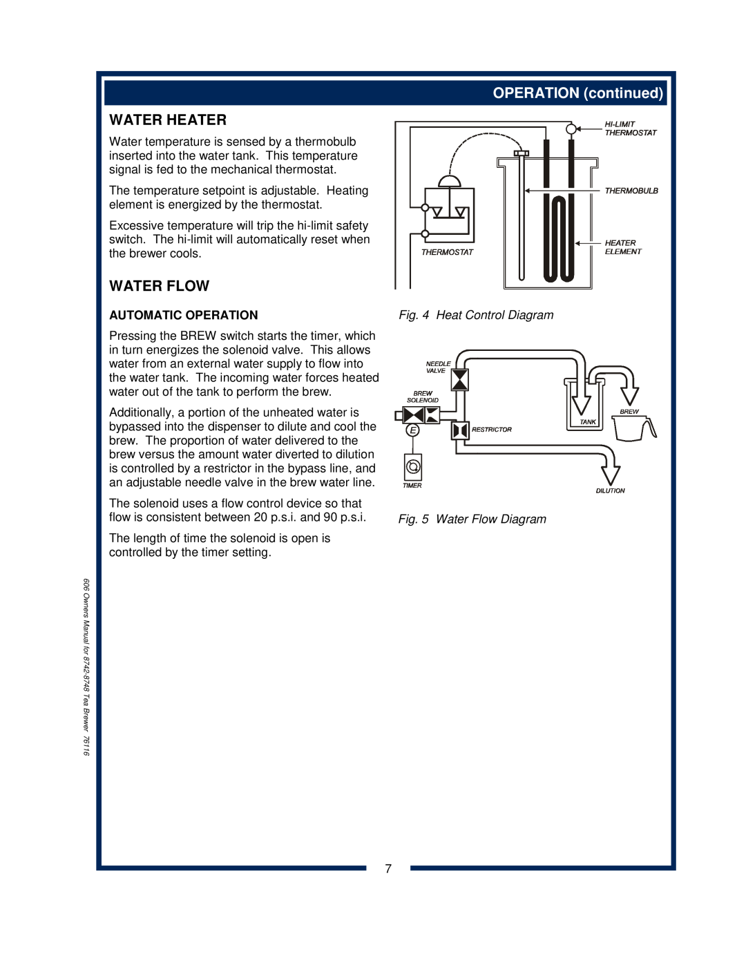 Bloomfield 8742 OPERATION continued, Water Heater, Automatic Operation, Water Flow Diagram, Heat Control Diagram 