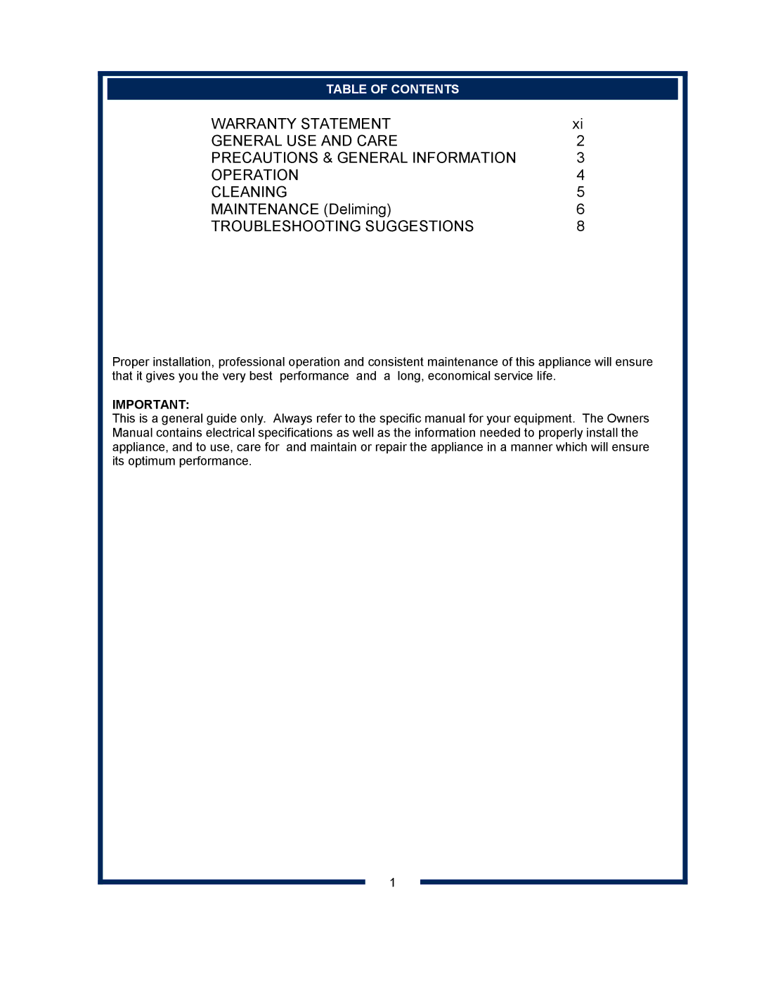 Bloomfield 8748 manual Troubleshooting Suggestions, Table of Contents 