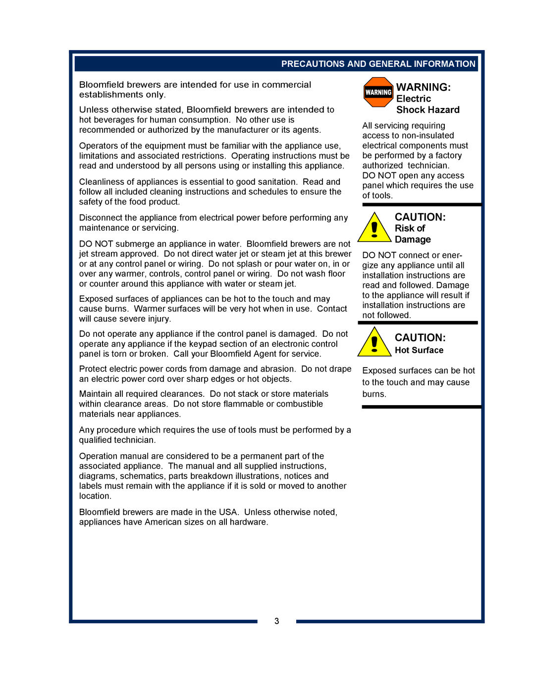 Bloomfield 8748 manual Electric Shock Hazard, Precautions and General Information 