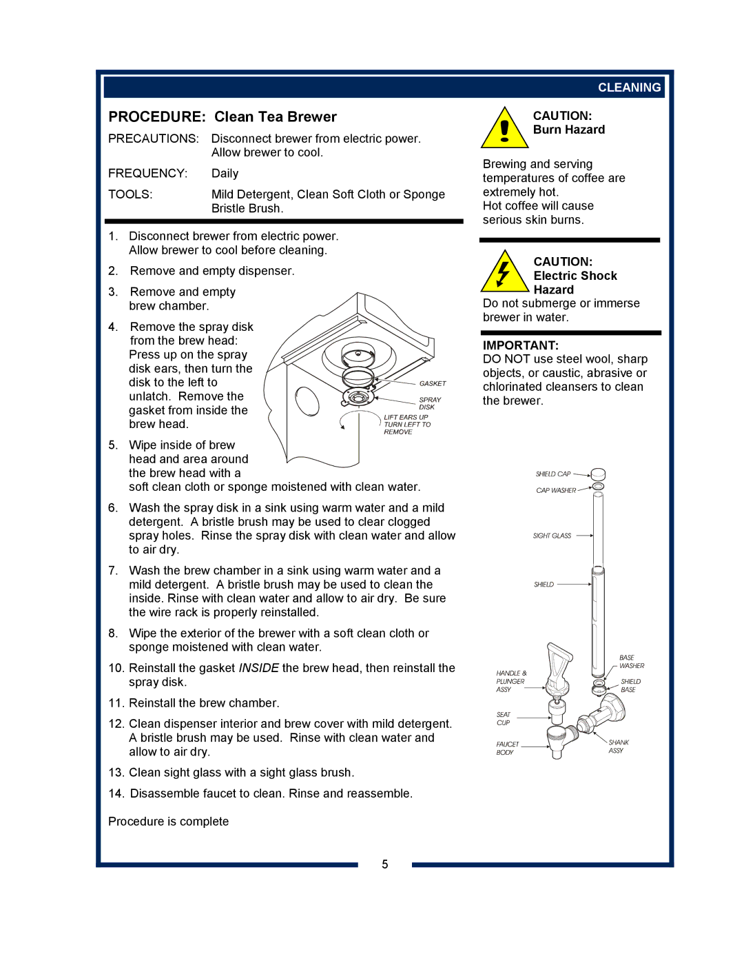 Bloomfield 8748 manual Procedure Clean Tea Brewer, Cleaning 