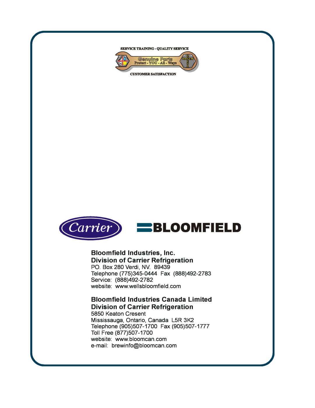 Bloomfield 8748 manual PO. Box 280 Verdi, NV, Telephone 775345-0444Fax 888492-2783Service, Keaton Cresent 