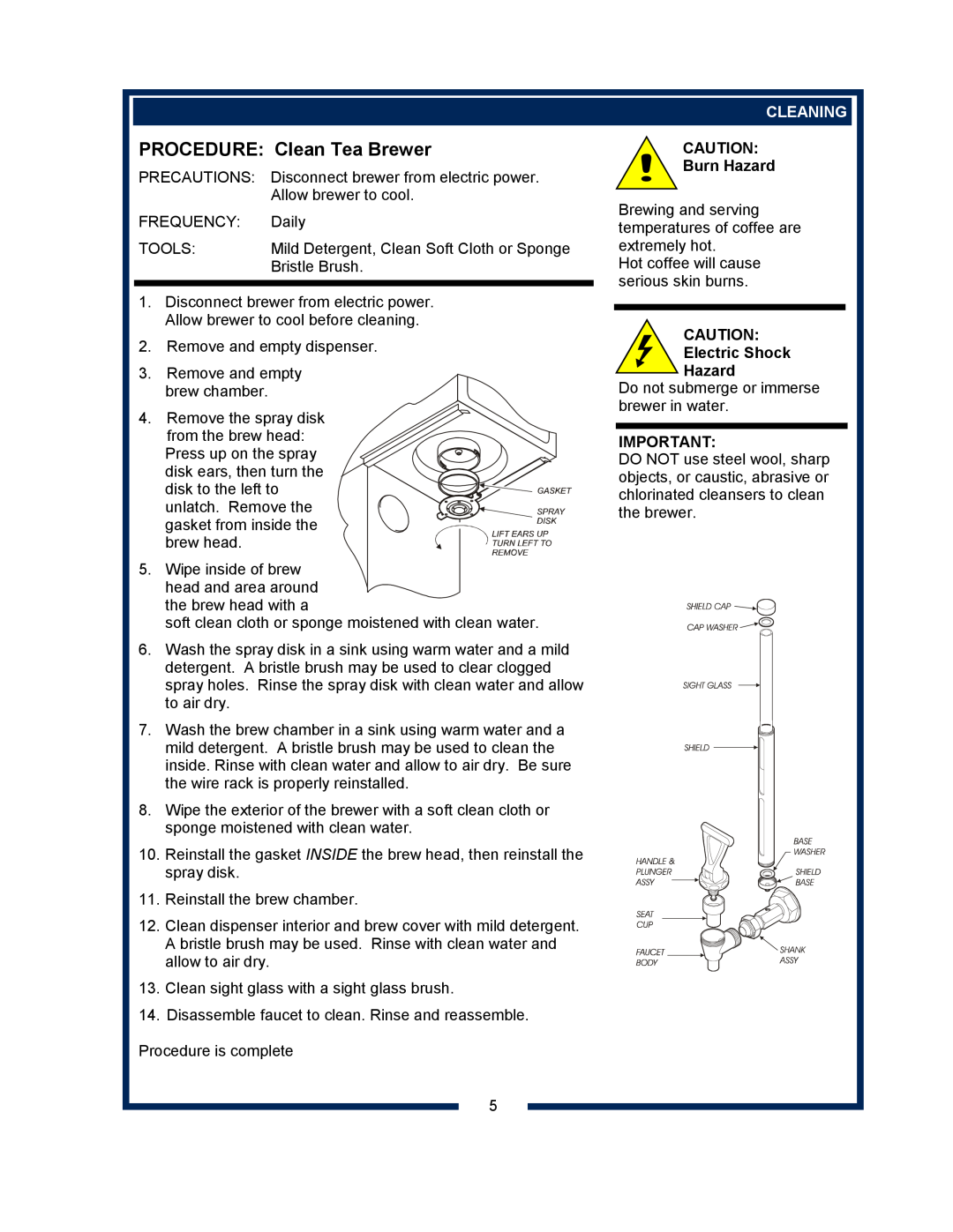 Bloomfield 8748 manual PROCEDURE Clean Tea Brewer, Cleaning, Burn Hazard, Electric Shock Hazard 