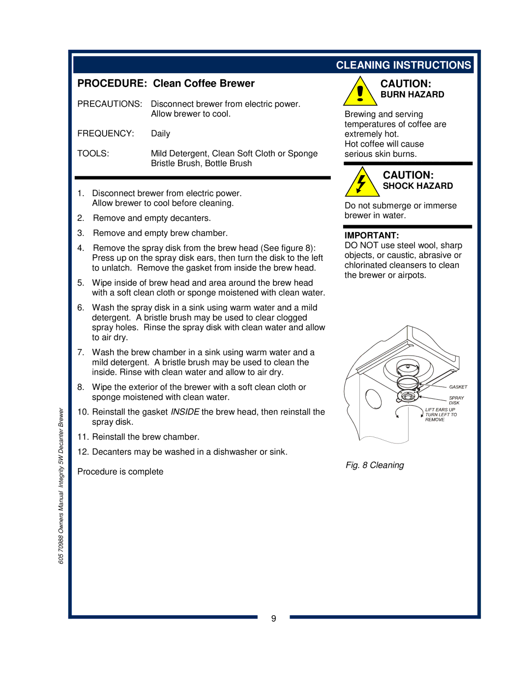 Bloomfield 8752 owner manual Procedure Clean Coffee Brewer, Cleaning Instructions 