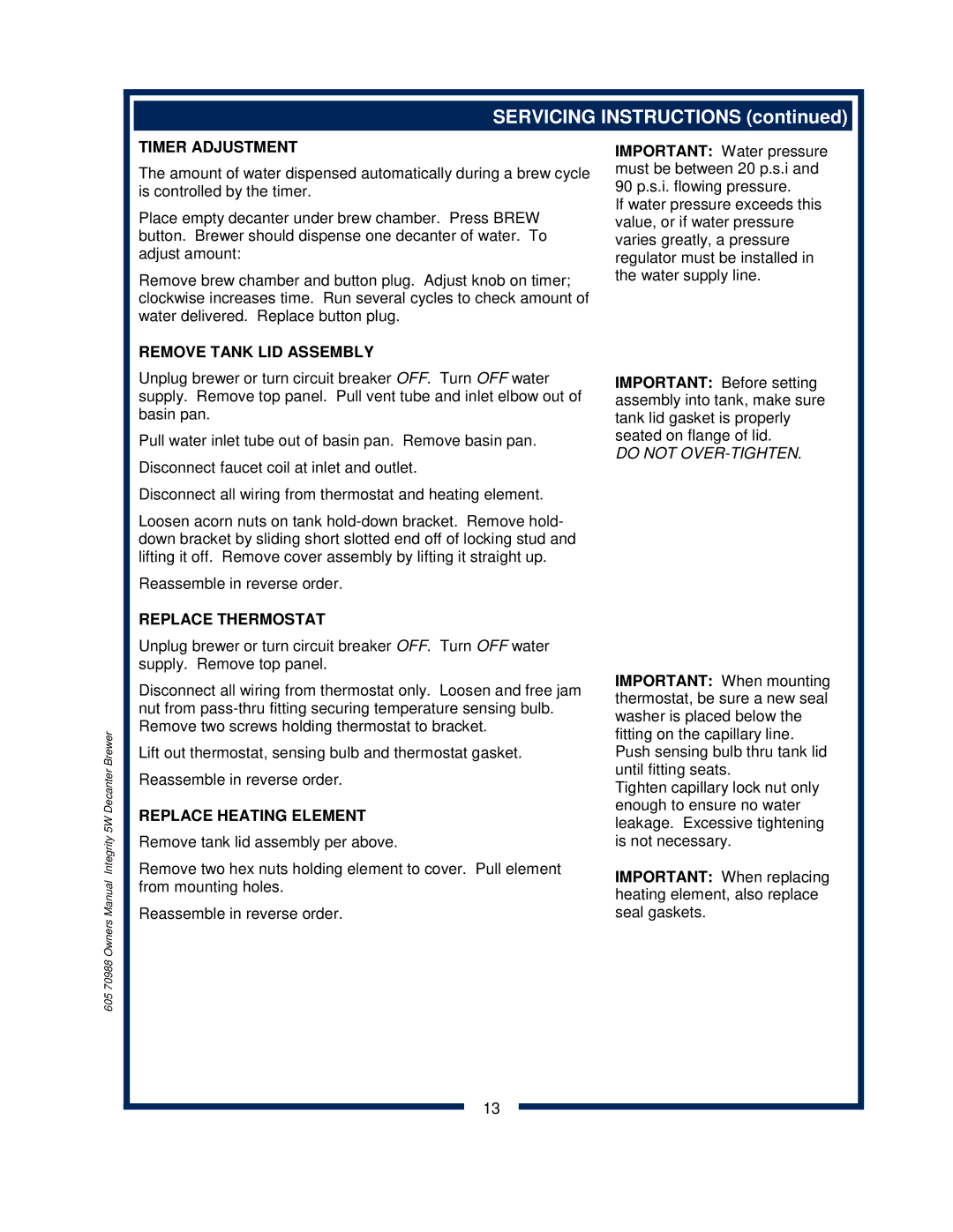 Bloomfield 8752 owner manual Timer Adjustment, Remove Tank LID Assembly, Replace Thermostat, Replace Heating Element 