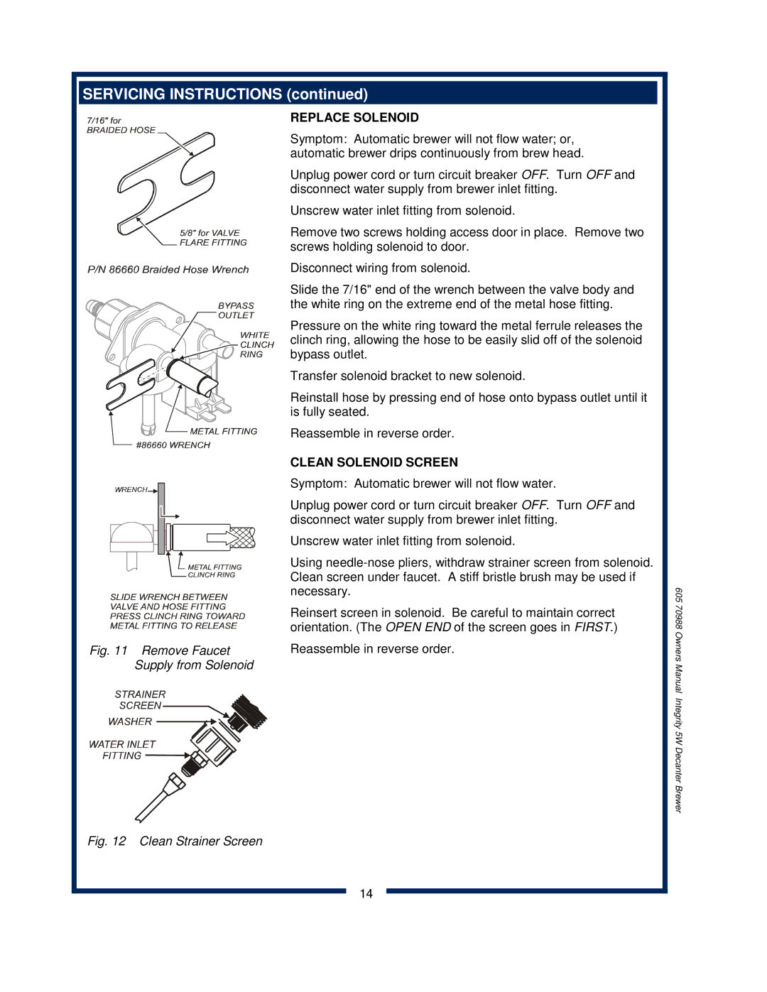 Bloomfield 8752 owner manual Replace Solenoid, Clean Solenoid Screen 