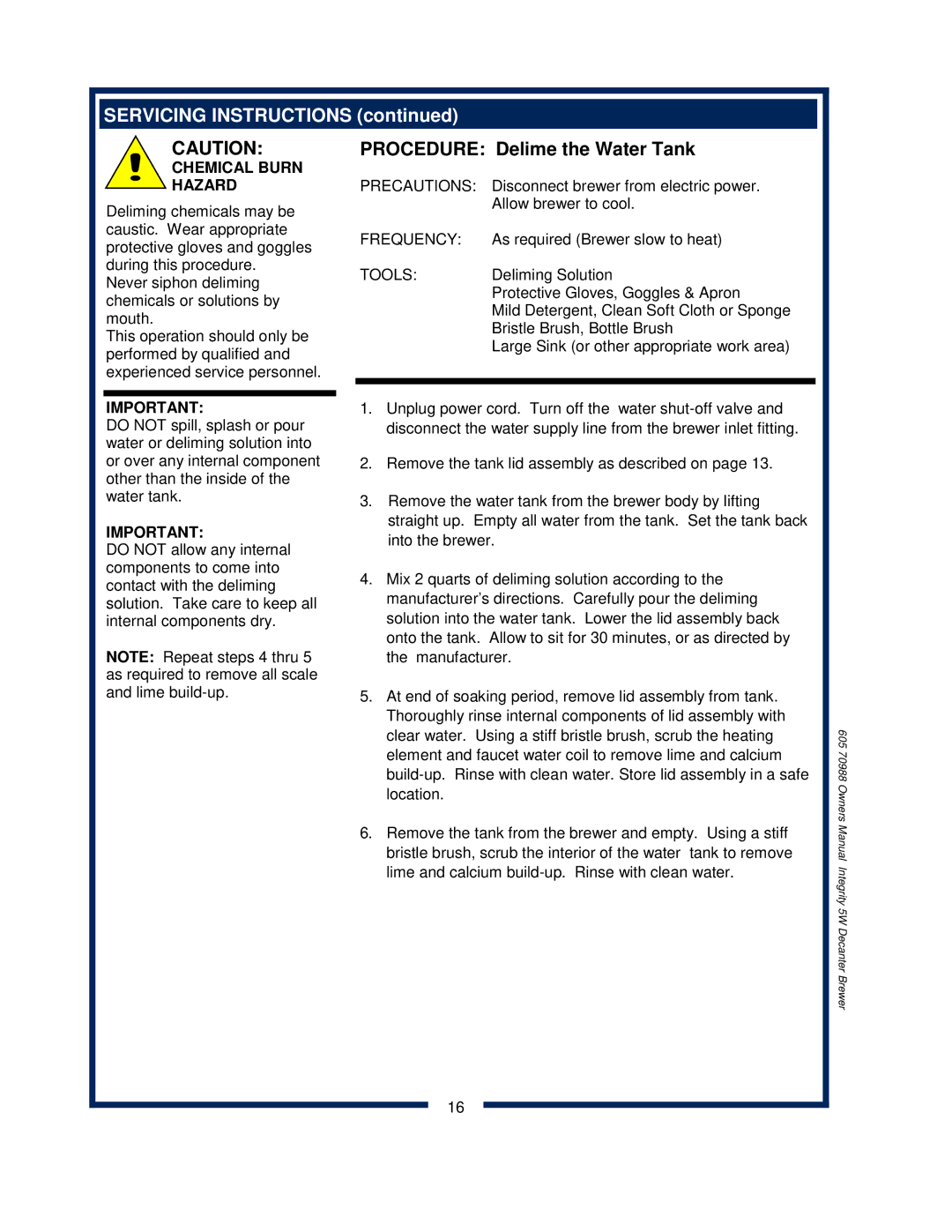 Bloomfield 8752 owner manual Procedure Delime the Water Tank, Chemical Burn Hazard 