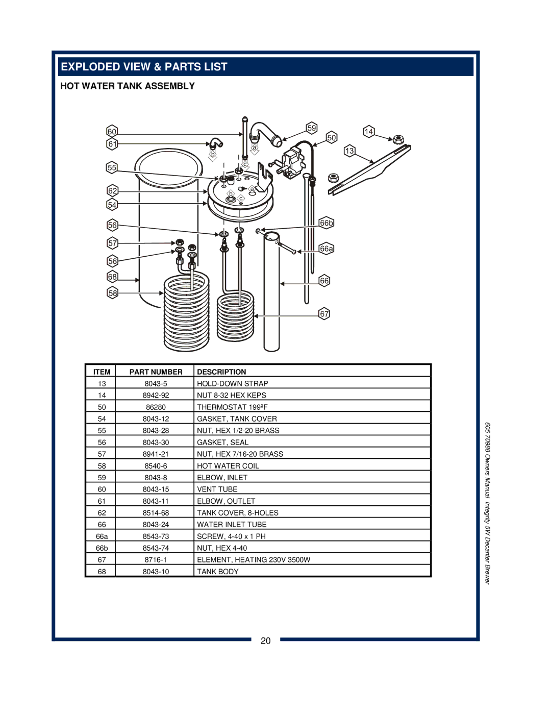 Bloomfield 8752 owner manual HOT Water Tank Assembly 