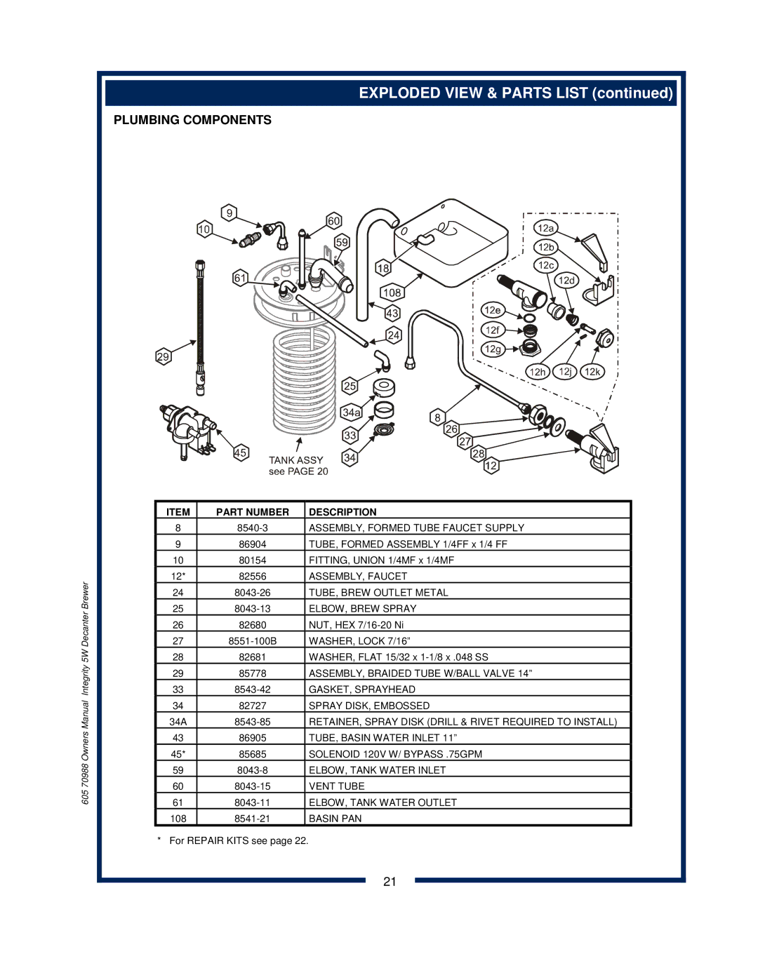 Bloomfield 8752 owner manual Plumbing Components 