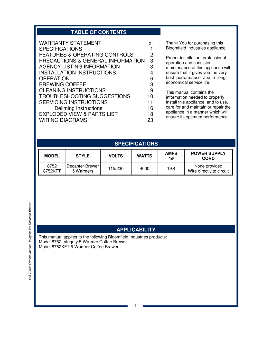 Bloomfield 8752 owner manual Table of Contents, Specifications, Applicability 