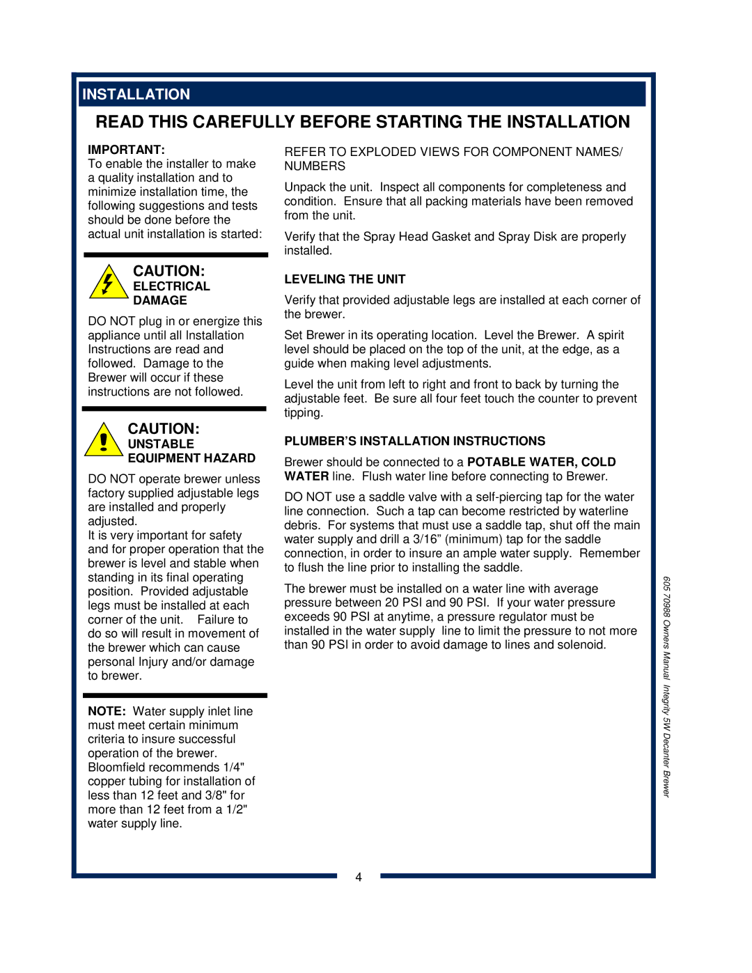 Bloomfield 8752 owner manual Unstable Equipment Hazard, Leveling the Unit, PLUMBER’S Installation Instructions 