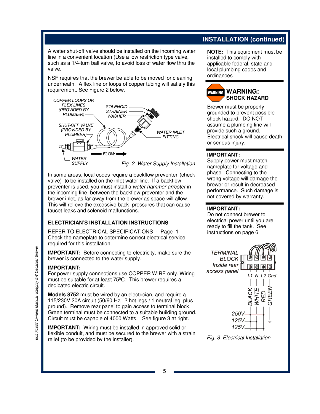 Bloomfield 8752 owner manual ELECTRICIAN’S Installation Instructions, Shock Hazard 