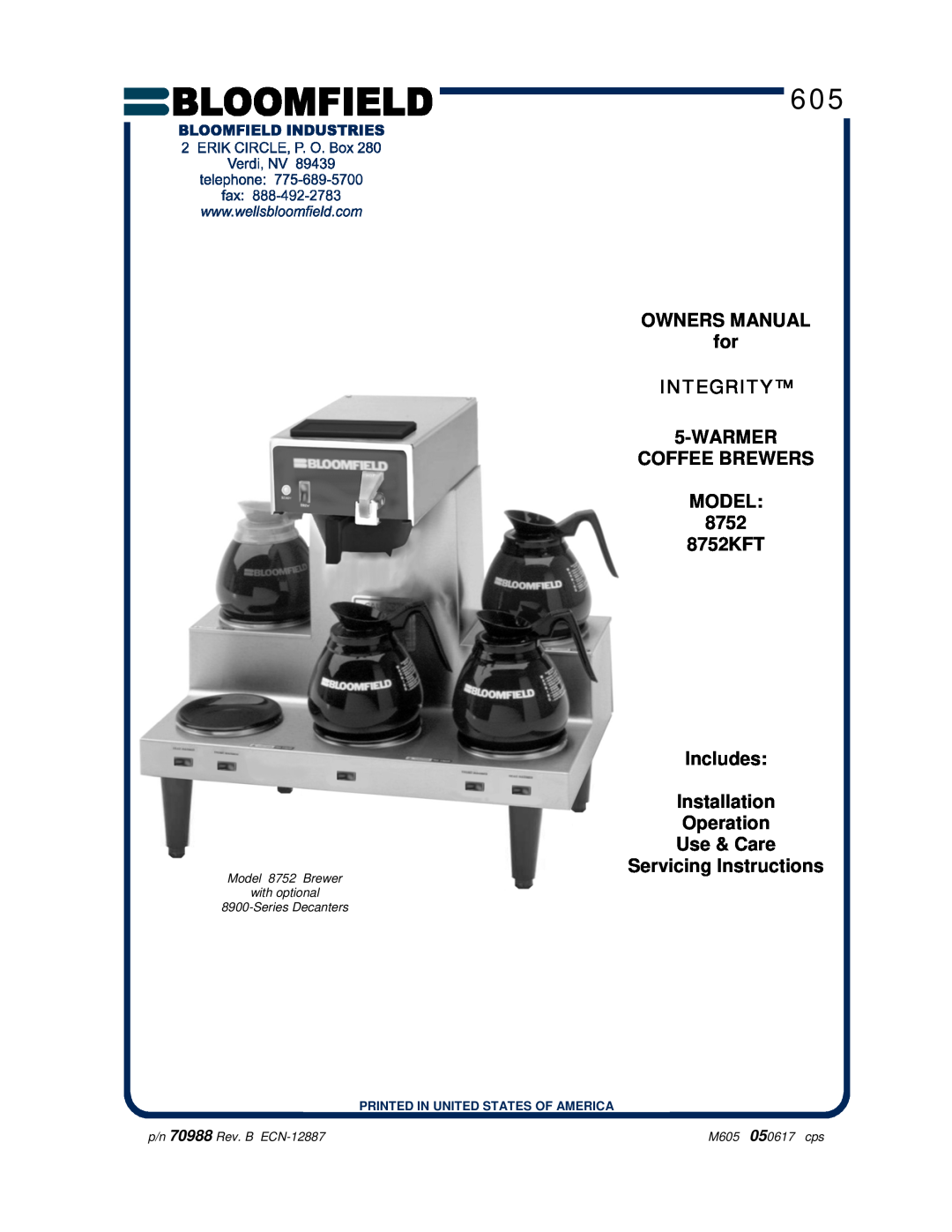 Bloomfield owner manual OWNERS MANUAL for INTEGRITY 5-WARMER COFFEE BREWERS MODEL 8752, Servicing Instructions 