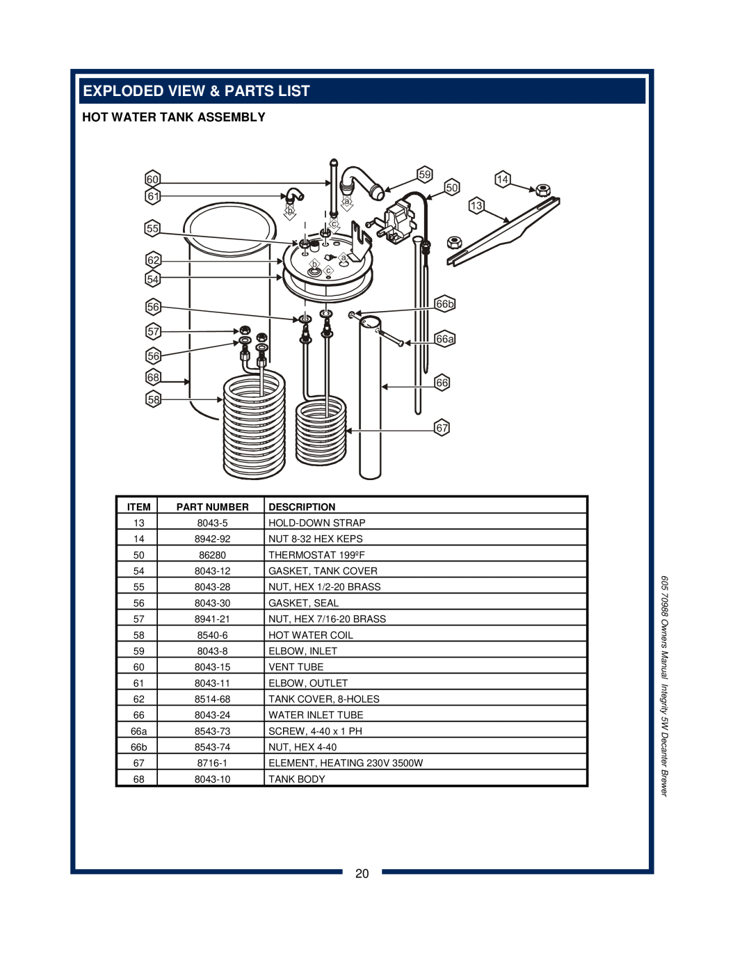 Bloomfield 8752 owner manual Hot Water Tank Assembly, Exploded View & Parts List, Part Number, Description 