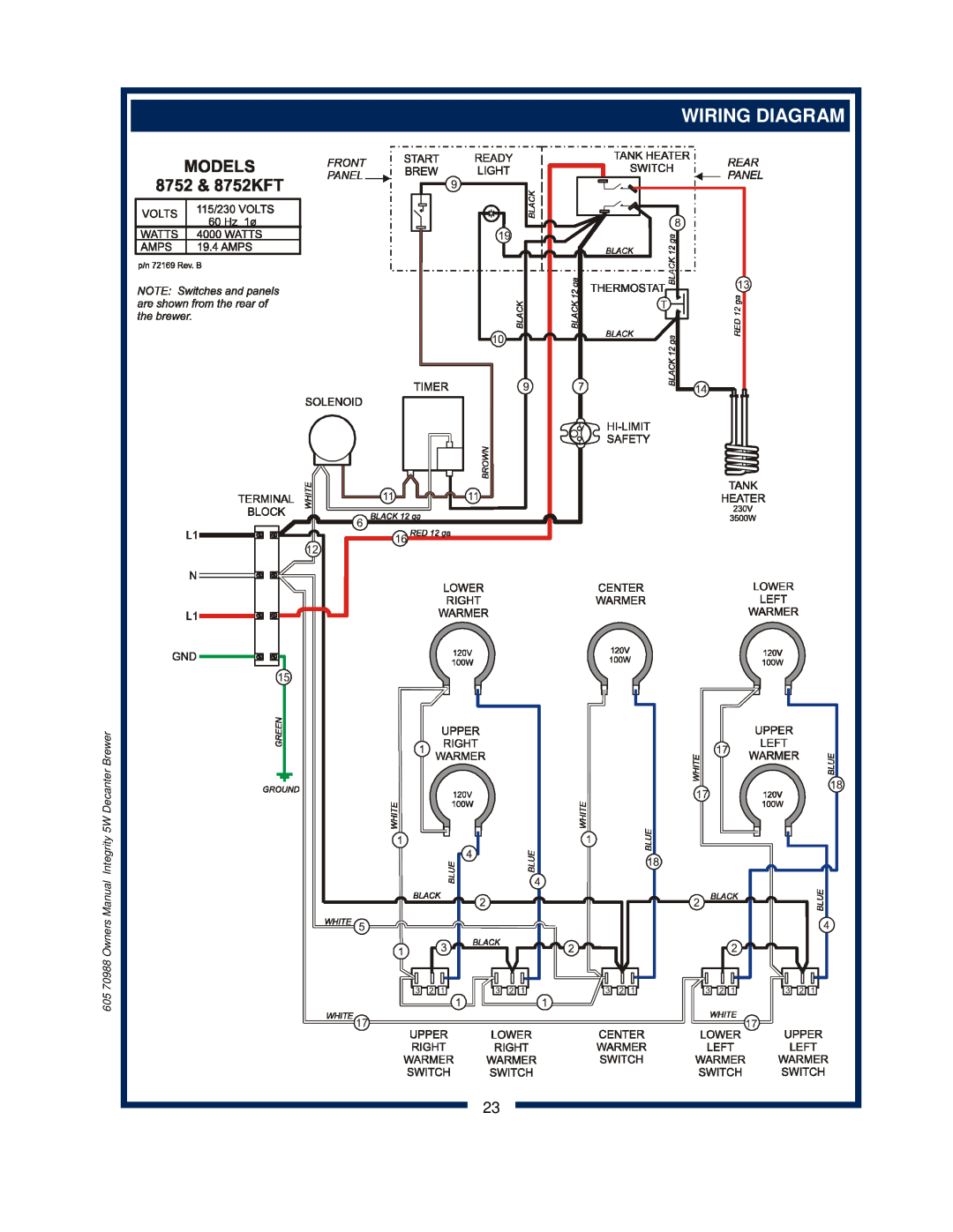Bloomfield 8752 owner manual Wiring Diagram, Integrity 5W Decanter Brewer, 605 70988 Owners Manual 