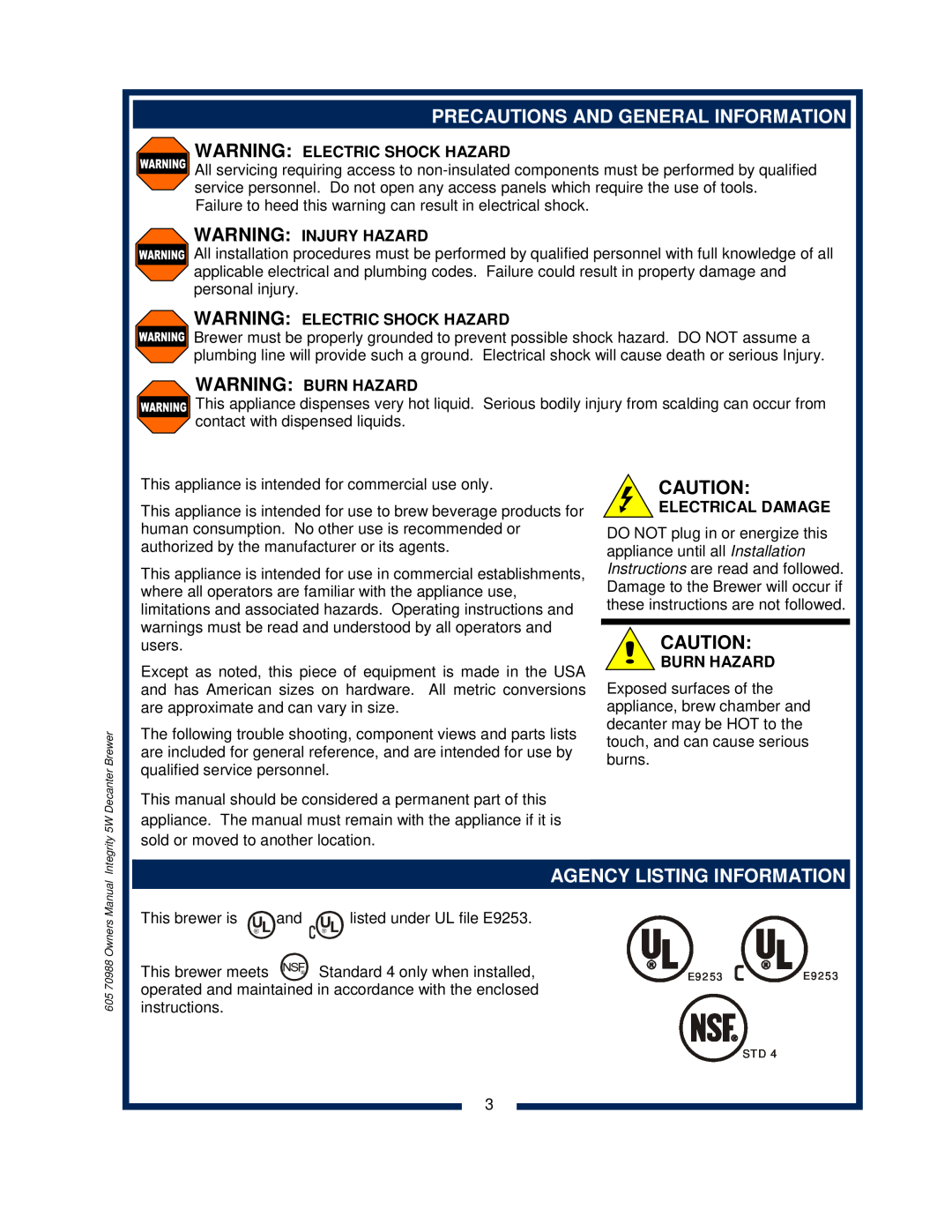 Bloomfield 8752 owner manual Precautions And General Information, Agency Listing Information, Warning Electric Shock Hazard 