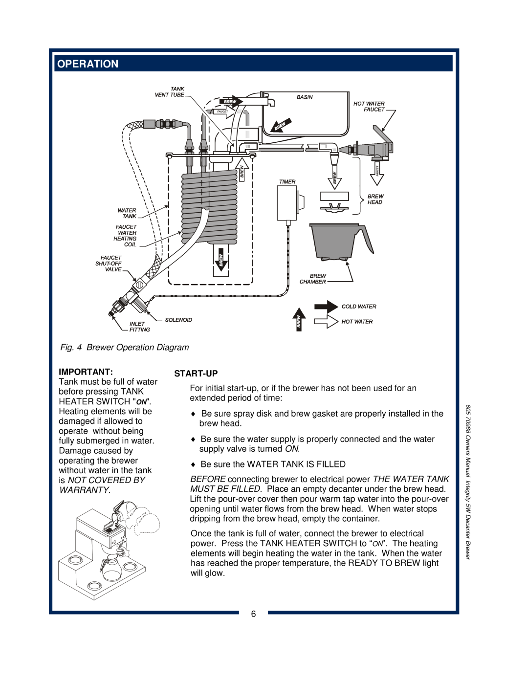 Bloomfield 8752 owner manual Brewer Operation Diagram, Start-Up 