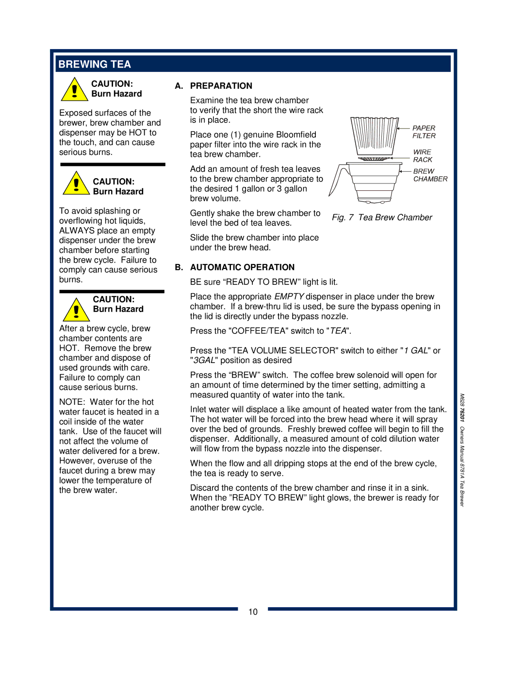 Bloomfield 8781A owner manual Brewing TEA, Tea Brew Chamber 