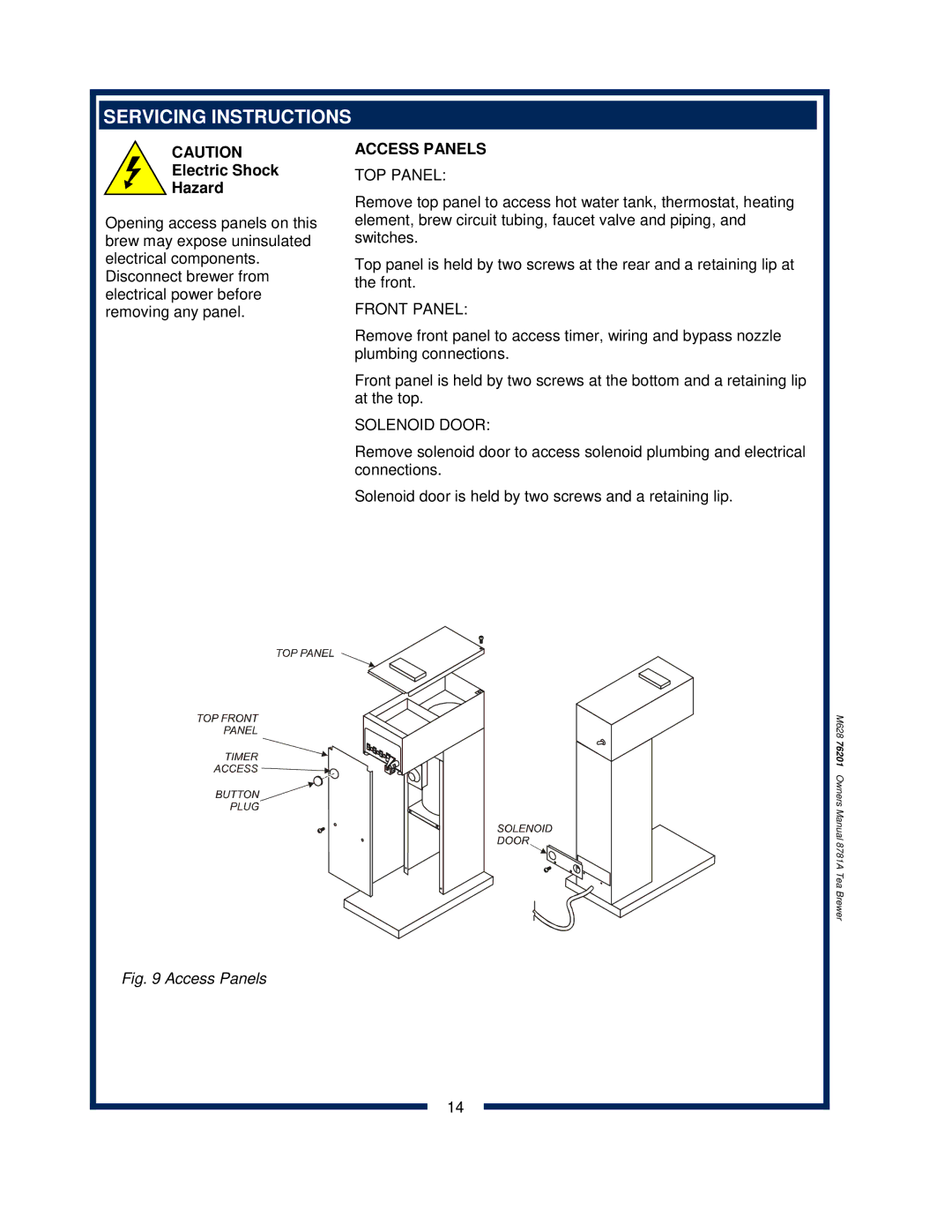 Bloomfield 8781A owner manual Servicing Instructions, Access Panels, TOP Panel, Front Panel, Solenoid Door 