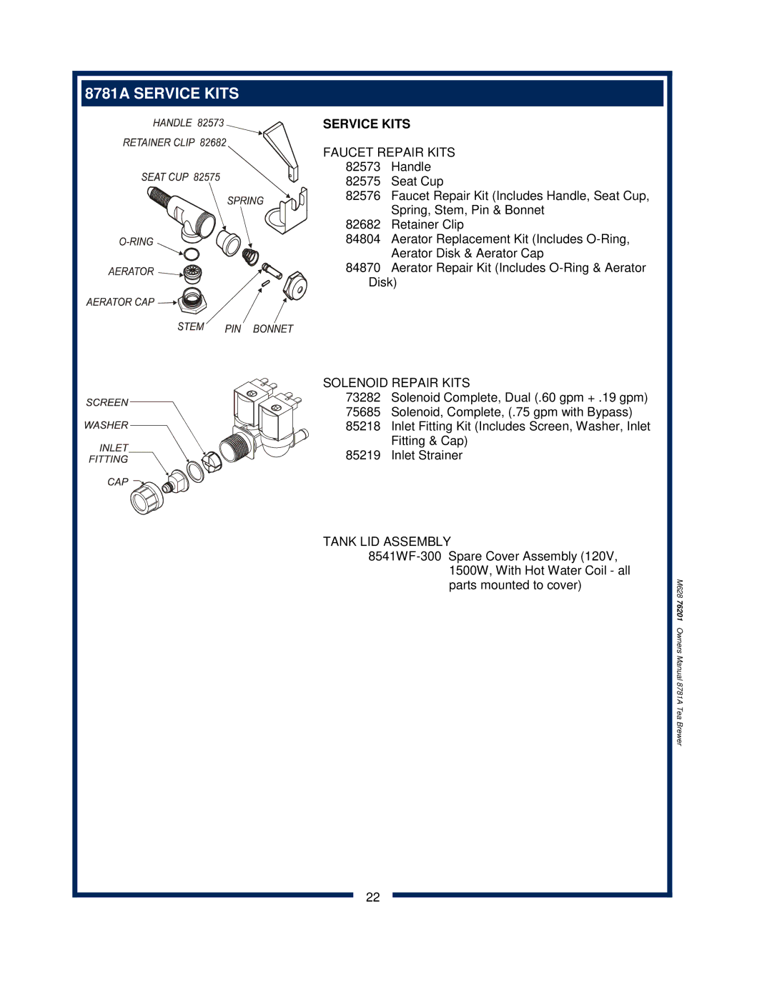 Bloomfield owner manual 8781A Service Kits, Faucet Repair Kits, Solenoid Repair Kits, Tank LID Assembly 