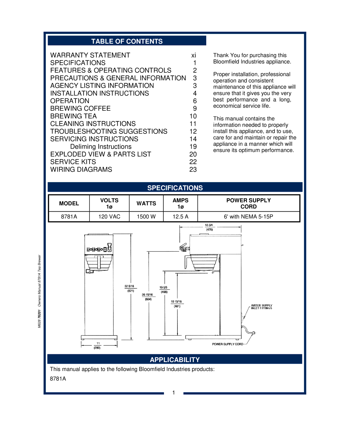 Bloomfield 8781A owner manual Table of Contents, Specifications, Applicability 