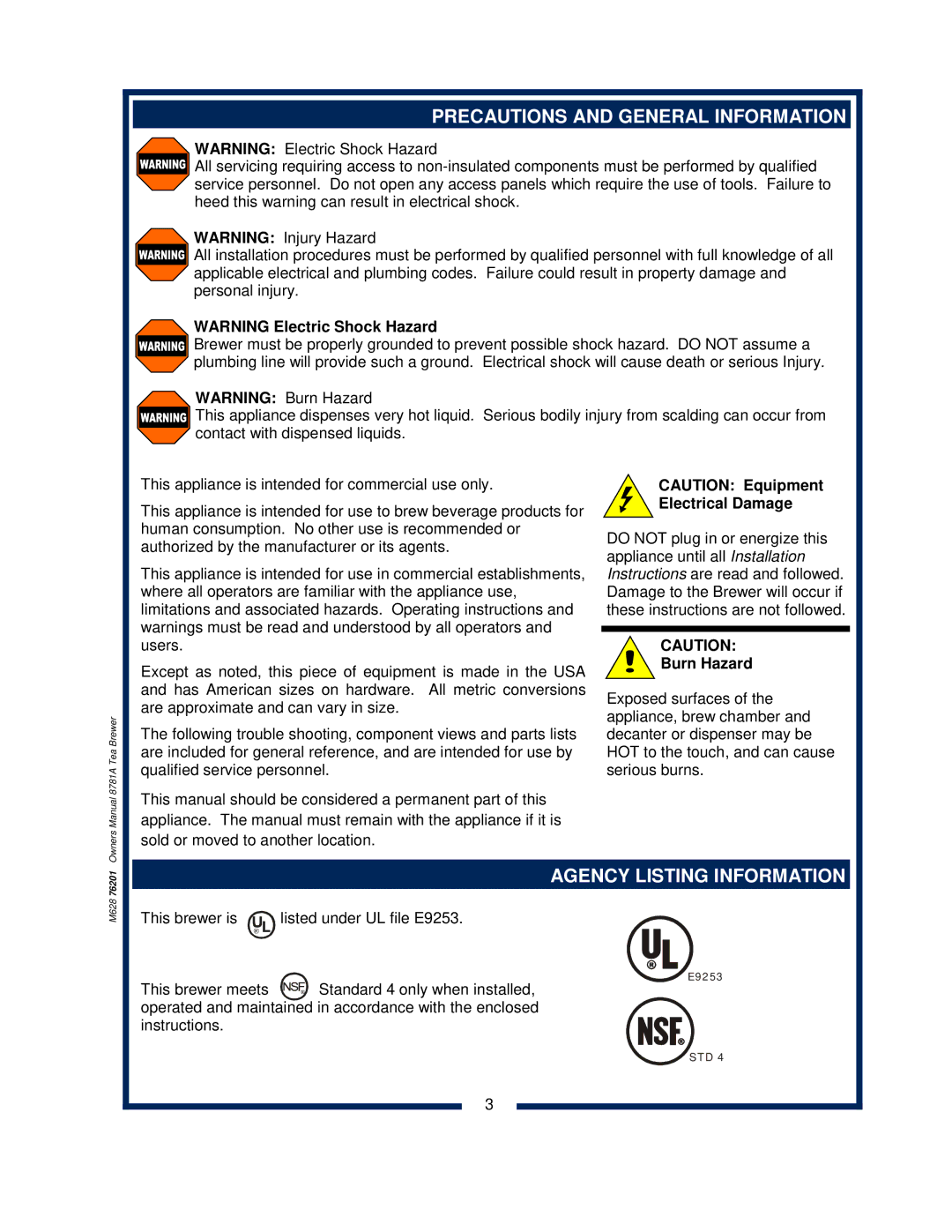 Bloomfield 8781A owner manual Precautions and General Information, Agency Listing Information 