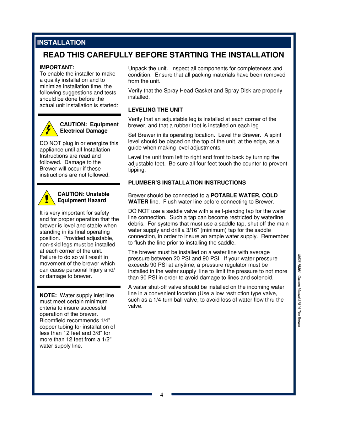 Bloomfield 8781A owner manual Leveling the Unit, PLUMBER’S Installation Instructions 