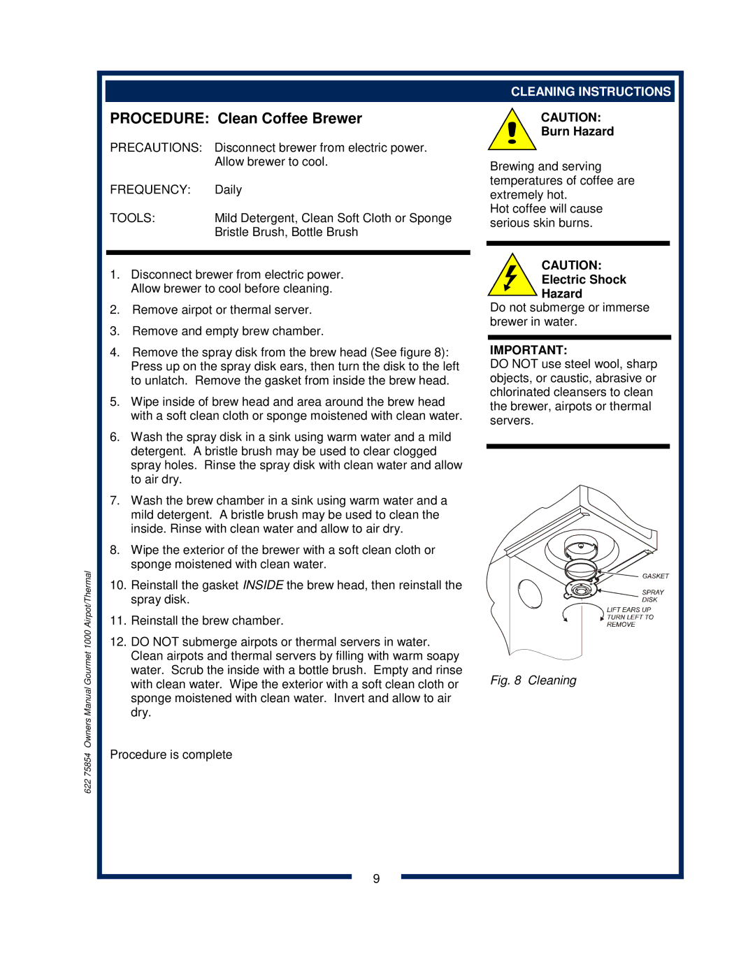 Bloomfield 8780, 8785, 8783, 8778, 8786, 8788, 8782 owner manual Procedure Clean Coffee Brewer, Cleaning Instructions 