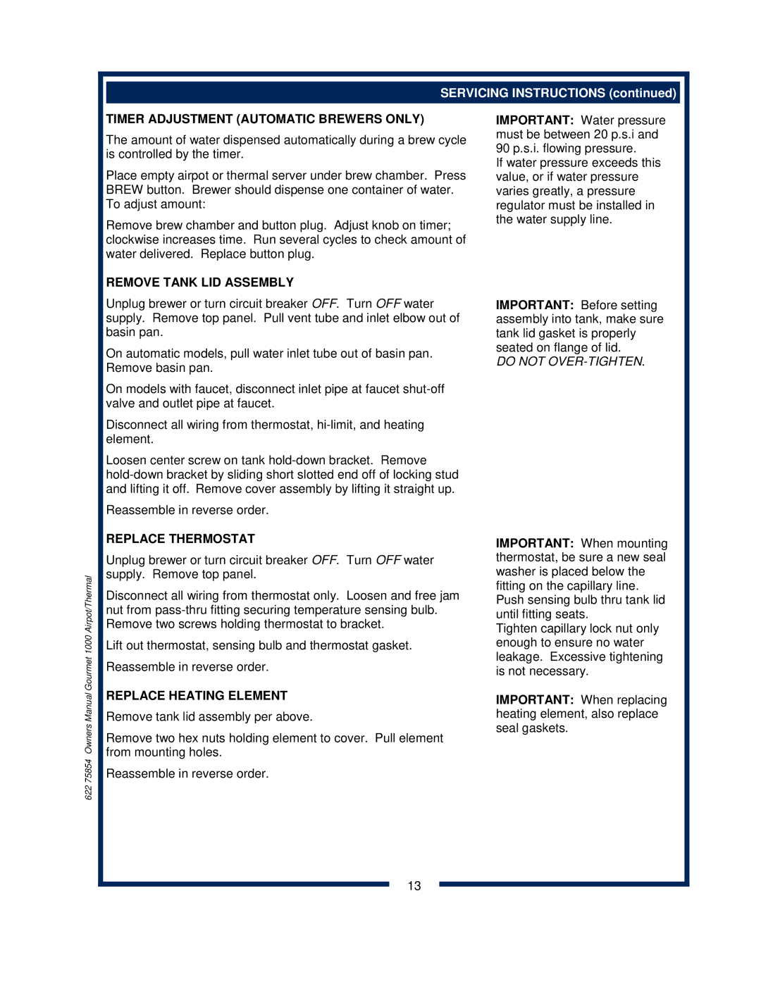 Bloomfield 8783, 8785, 8778, 8786, 8780 Timer Adjustment Automatic Brewers only, Remove Tank LID Assembly, Replace Thermostat 