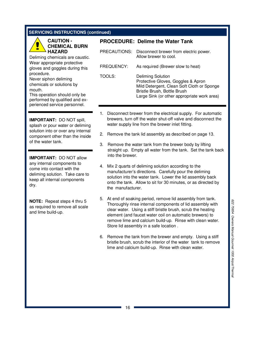 Bloomfield 8780, 8785, 8783, 8778, 8786, 8788, 8782 owner manual Procedure Delime the Water Tank 