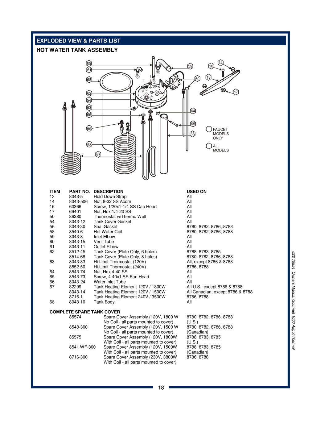 Bloomfield 8782, 8785, 8783, 8778, 8786, 8780, 8788 owner manual Exploded View & Parts List, HOT Water Tank Assembly 