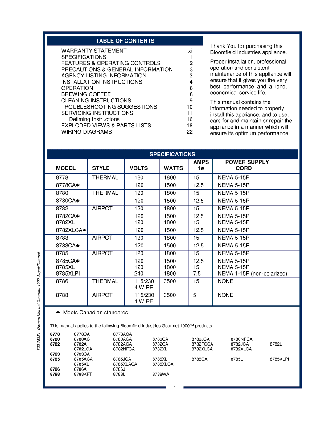 Bloomfield 8786, 8785, 8783, 8778, 8780, 8788, 8782 owner manual Table of Contents, Specifications 