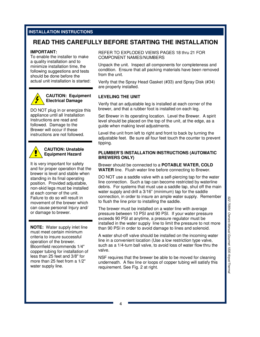 Bloomfield 8782, 8785, 8783, 8778, 8786 Leveling the Unit, PLUMBER’S Installation Instructions Automatic Brewers only 