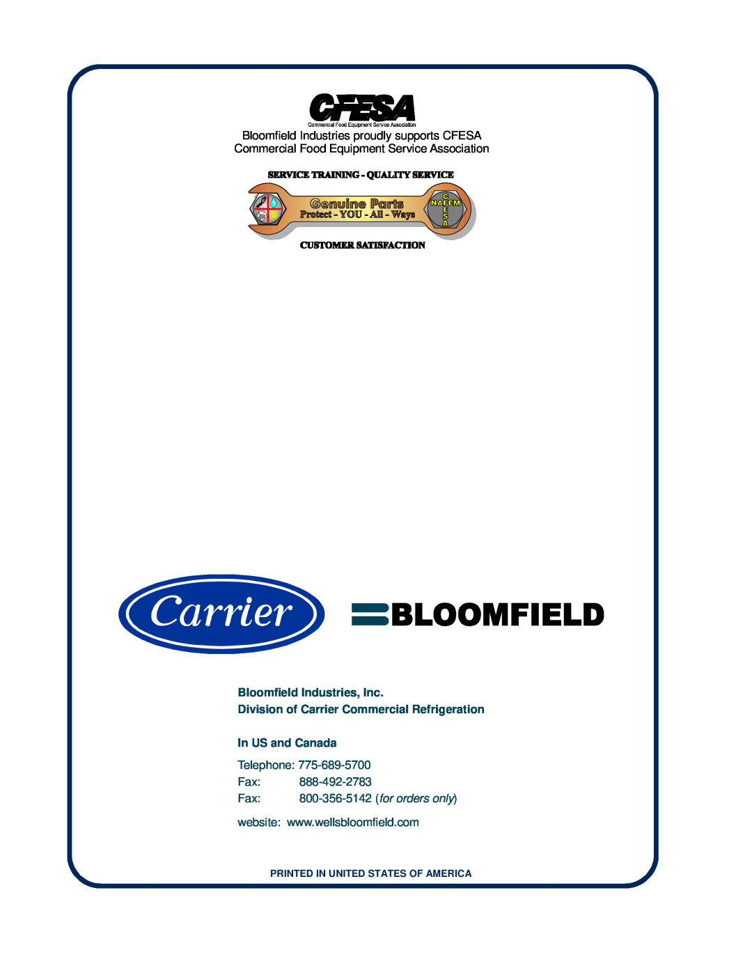 Bloomfield 8788, 8785 Bloomfield Industries, Inc, Division of Carrier Commercial Refrigeration In US and Canada, Telephone 