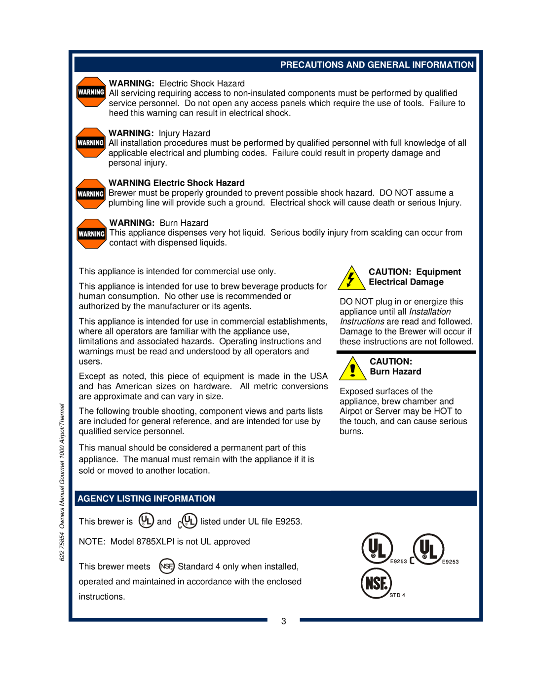 Bloomfield 8788 Precautions And General Information, WARNING Electric Shock Hazard, CAUTION Equipment Electrical Damage 