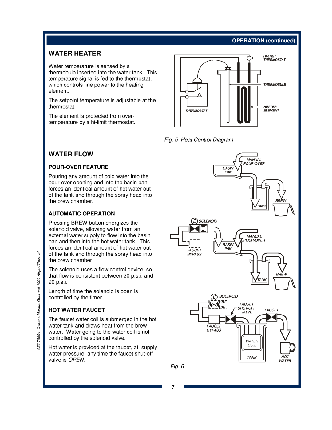 Bloomfield 8778 Water Heater, Water Flow, OPERATION continued, Heat Control Diagram, Pour-Over Feature, Hot Water Faucet 