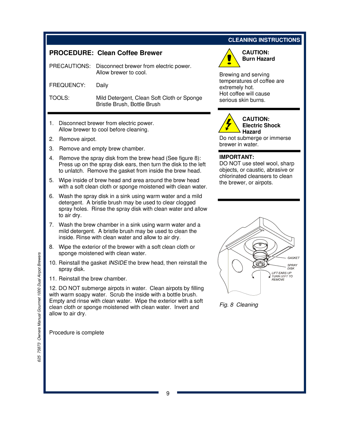 Bloomfield 8792 owner manual Procedure Clean Coffee Brewer, Cleaning Instructions 