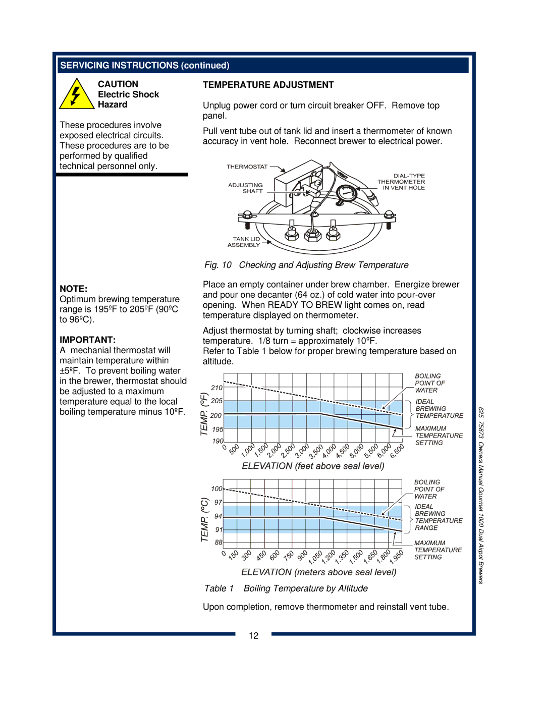 Bloomfield 8792 owner manual Servicing Instructions, Temperature Adjustment 