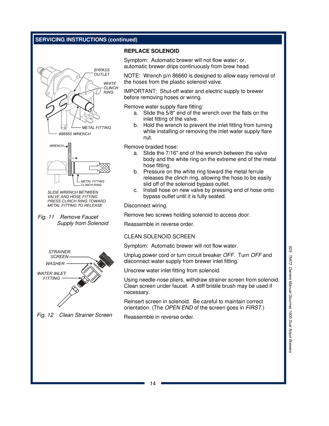 Bloomfield 8792 owner manual Replace Solenoid, Clean Solenoid Screen 