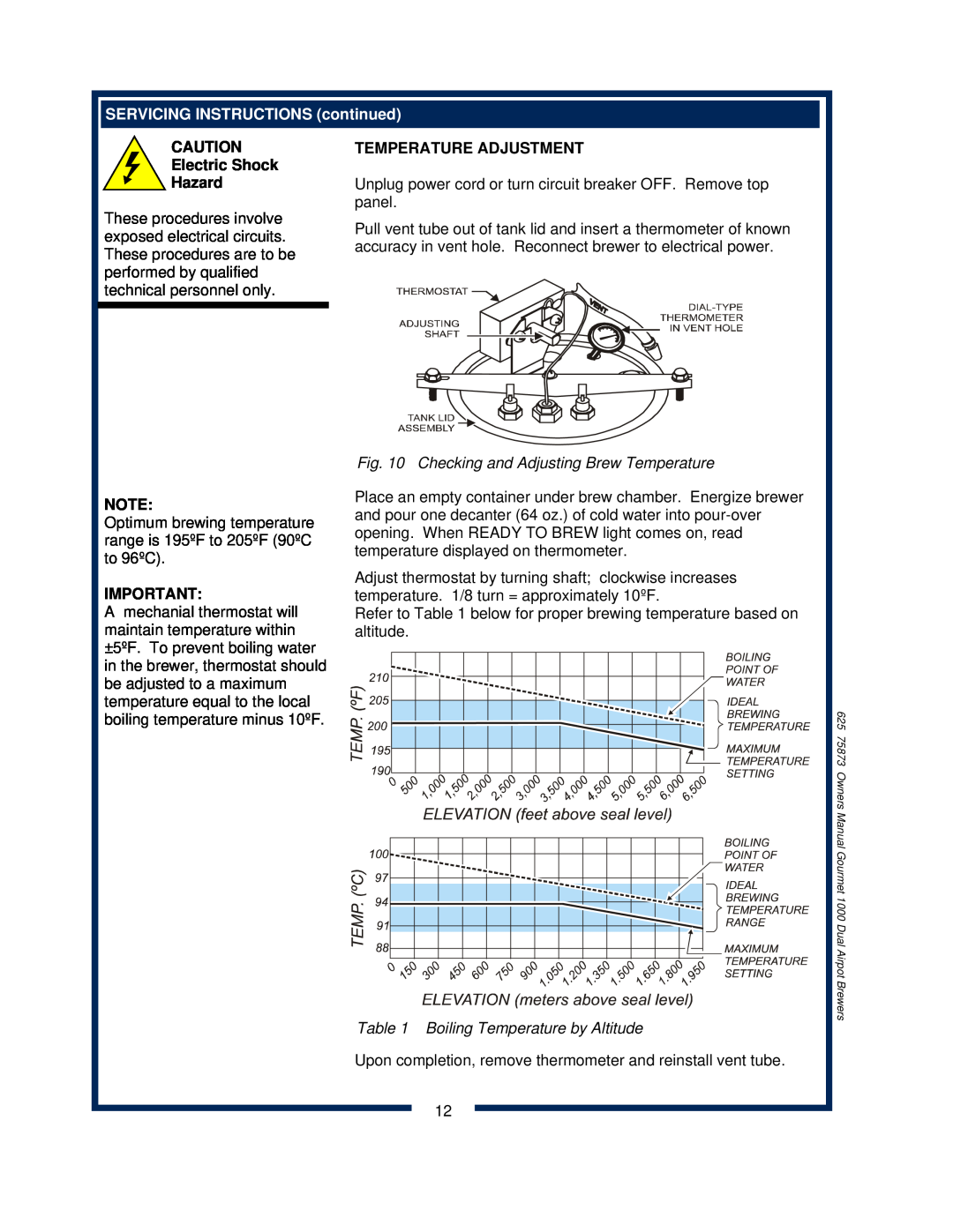 Bloomfield 8792 owner manual SERVICING INSTRUCTIONS continued, Electric Shock Hazard, Temperature Adjustment 