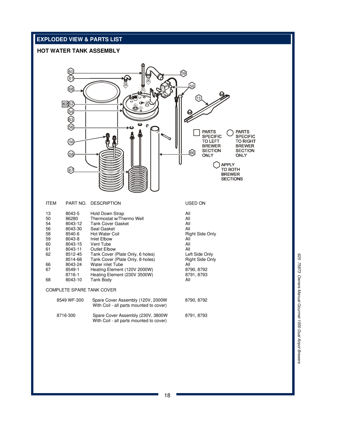 Bloomfield 8792 owner manual Hot Water Tank Assembly 