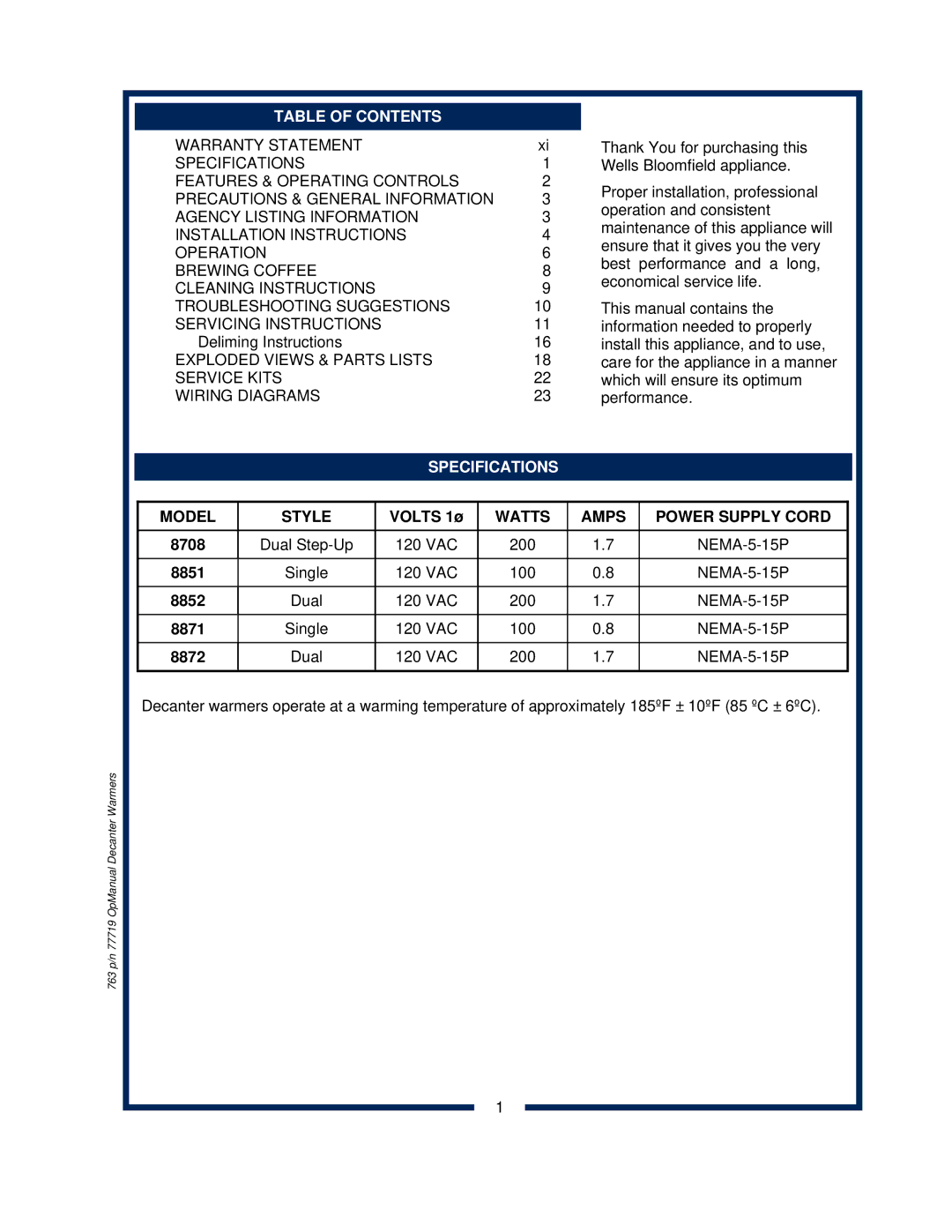 Bloomfield 8852, 8872, 8871, 8851, 8708 operation manual Model Style, Watts Amps Power Supply Cord 