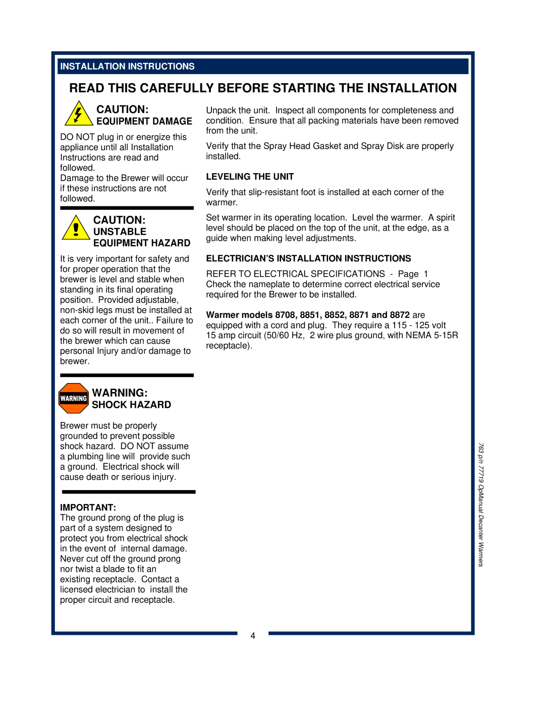 Bloomfield 8871, 8872, 8851, 8852, 8708 Unstable Equipment Hazard, Shock Hazard, Installation Instructions, Leveling the Unit 