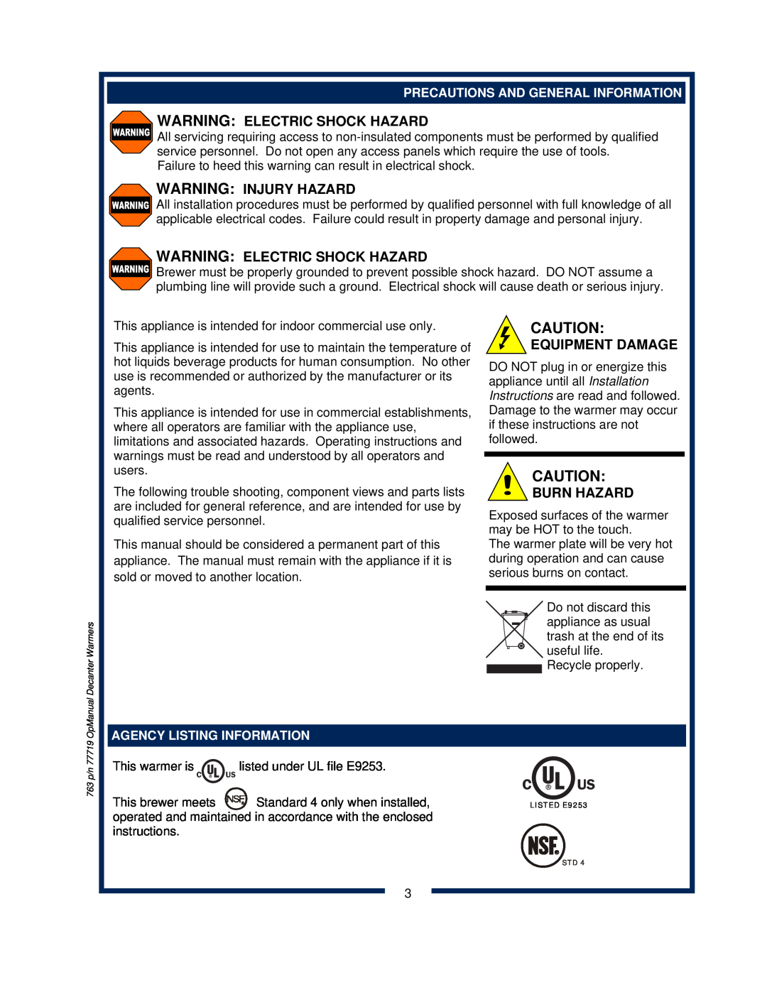 Bloomfield 8872, 8871, 8851, 8852 Warning Electric Shock Hazard, Warning Injury Hazard, Equipment Damage, Burn Hazard, C Us 