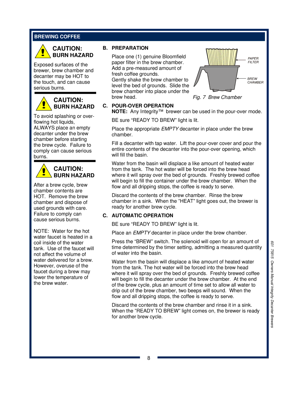 Bloomfield 9016, 9010, 9012 owner manual Brewing Coffee, Preparation, POUR-OVER Operation 