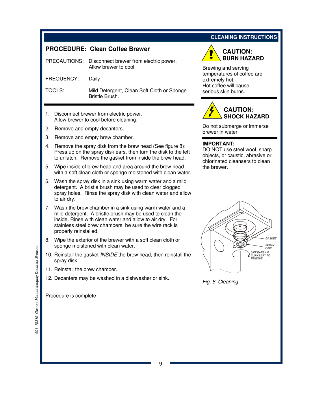 Bloomfield 9012, 9010, 9016 owner manual Procedure Clean Coffee Brewer, Cleaning Instructions 