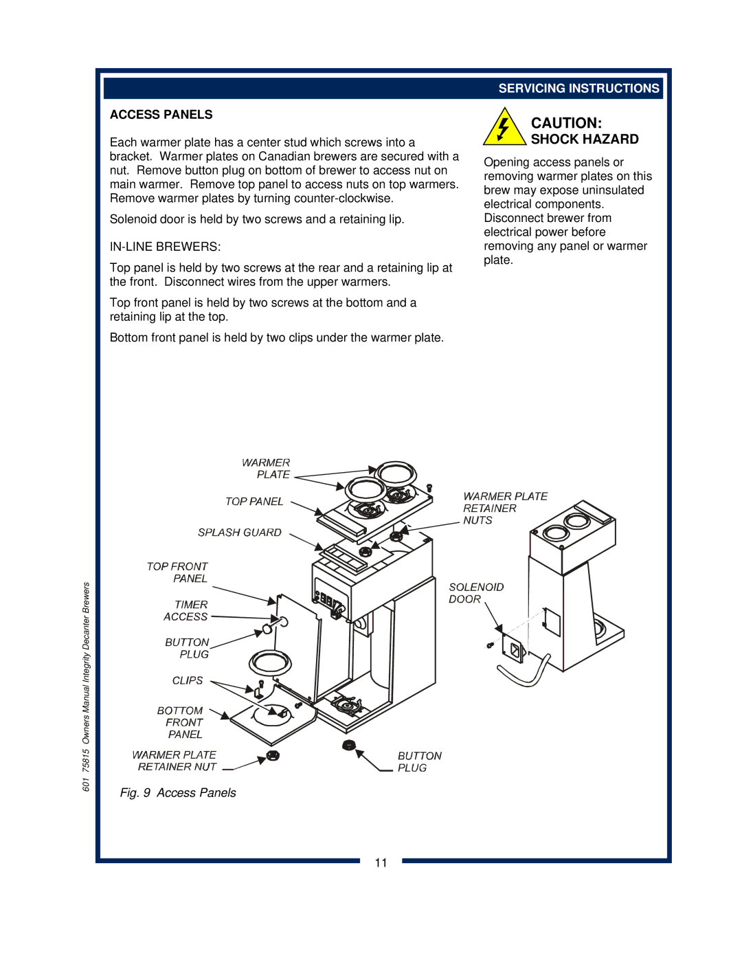 Bloomfield 9016, 9010, 9012 owner manual Access Panels, Servicing Instructions 