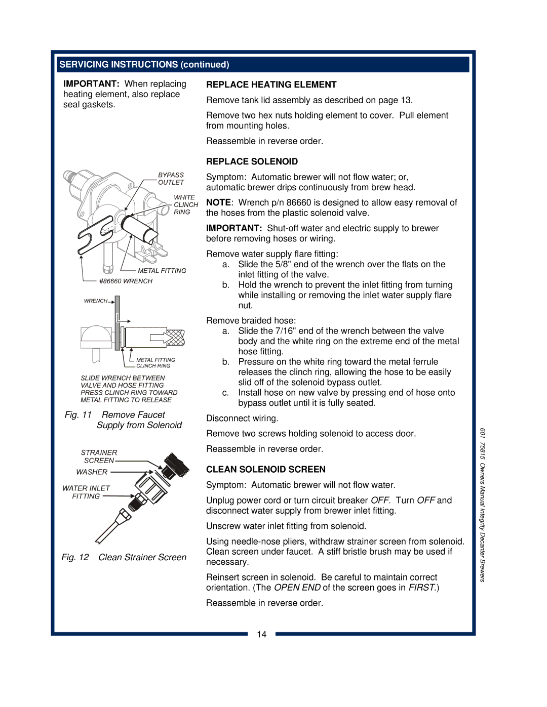 Bloomfield 9016, 9010, 9012 owner manual Replace Heating Element, Replace Solenoid, Clean Solenoid Screen 