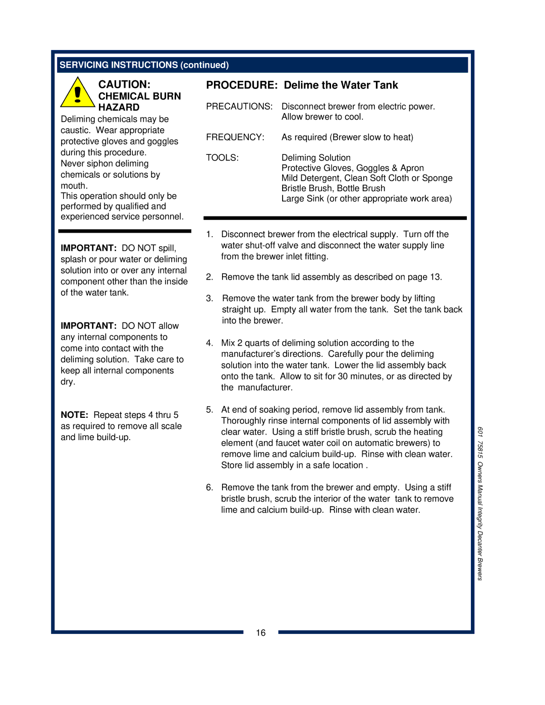 Bloomfield 9010, 9016, 9012 owner manual Procedure Delime the Water Tank 