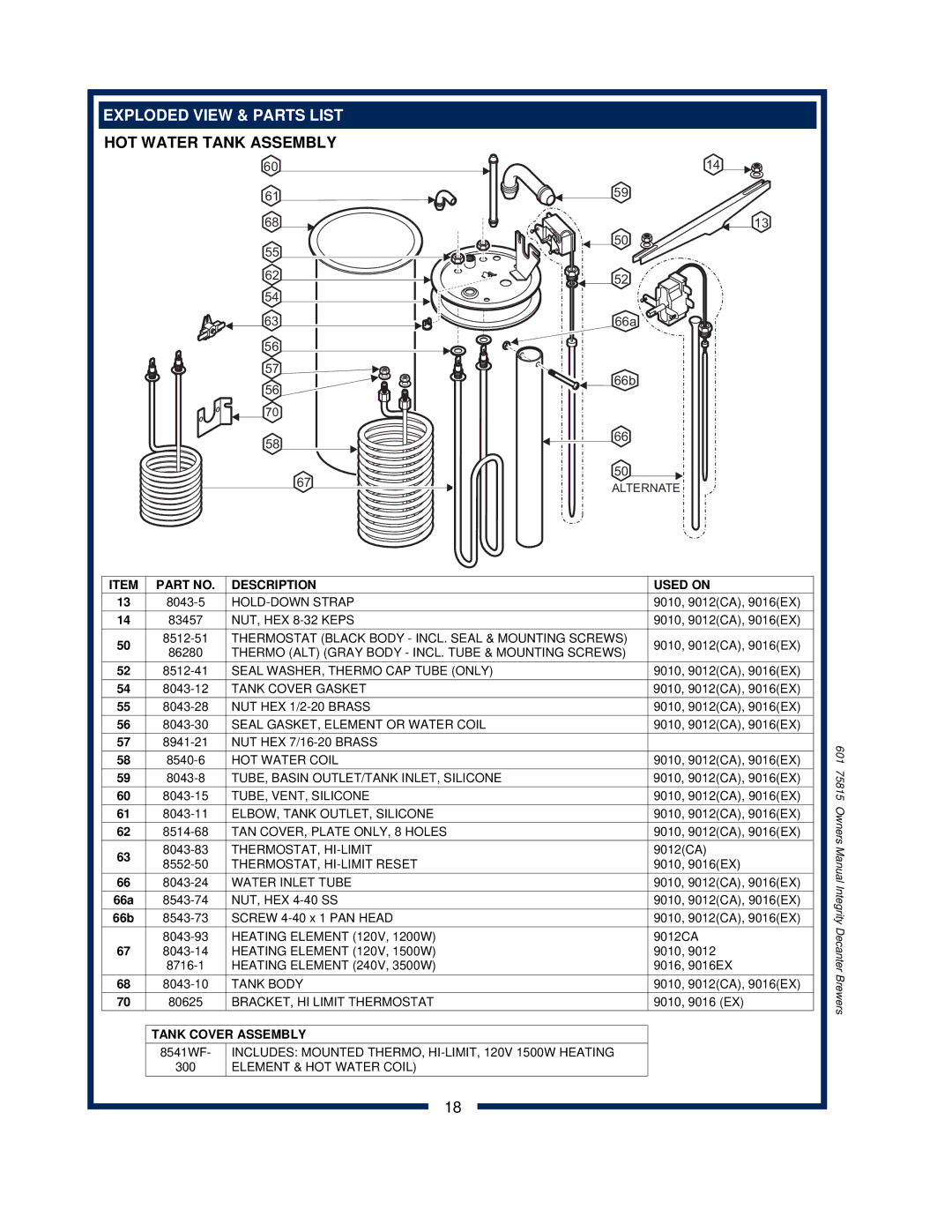 Bloomfield 9012, 9010, 9016 owner manual HOT Water Tank Assembly, Description Used on 