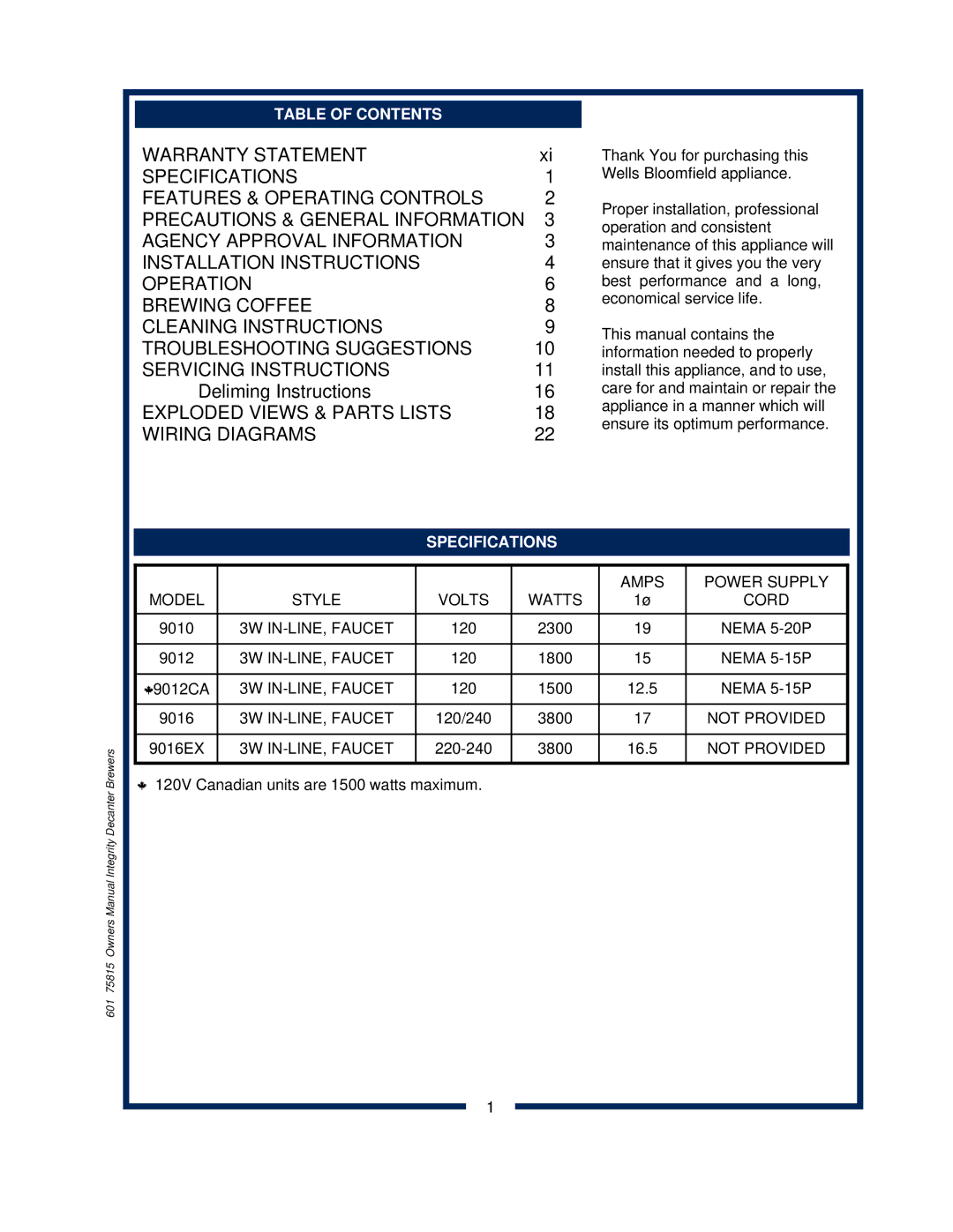 Bloomfield 9010, 9016, 9012 owner manual Table of Contents, Specifications 